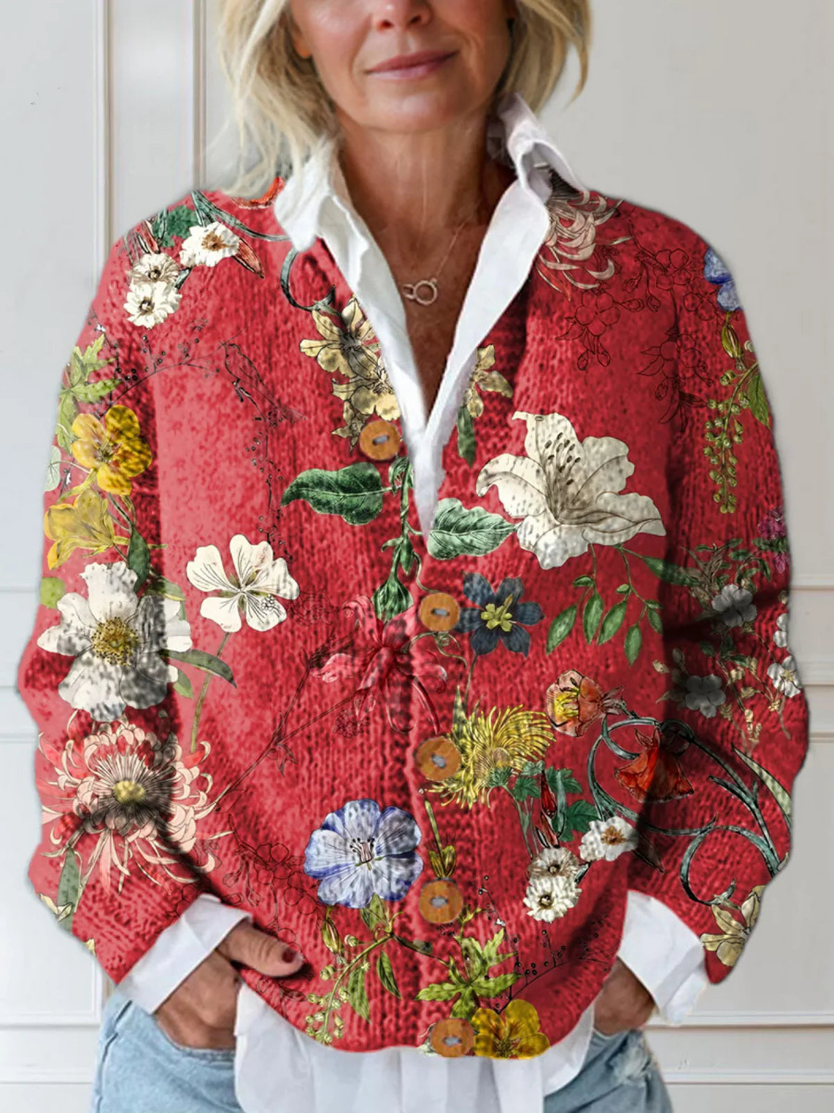 Women'S Vintage Floral Art Print | Buttoned Cardigan Sweater